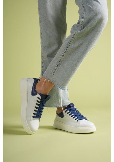 Analin Shoes Kadın Hakiki Deri Bağcıklı Casual Spor Ayakkabı Beyaz Koyu Mavi