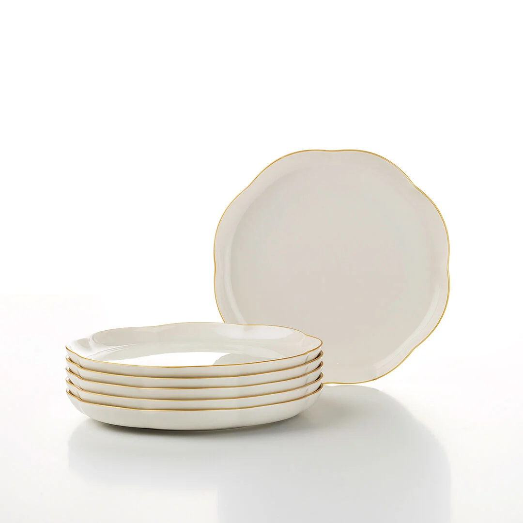 Kütahya Porselen Bone Camila 6 Parça 20 Cm Pasta Tabağı Seti Altın Fileli Beyaz - Altın