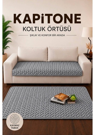 Tek Parça Kaymaz Taban Kapitone Koltuk Örtüsü Çekyat Kanepe Örtüsü 90x200 Gri Gri