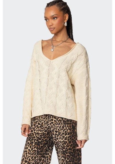 Madmext Ekru V Yaka Örgü Desen Oversize Kadın Kazak Mg2519 Ekru