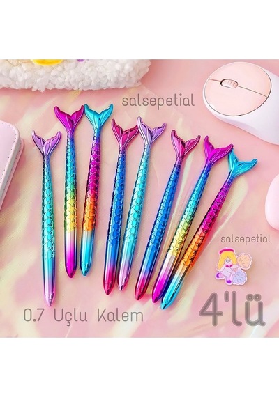 4'lü Deniz Kızı Figürlü 0.7 Uçlu Versatil Kalem Çok Renkli