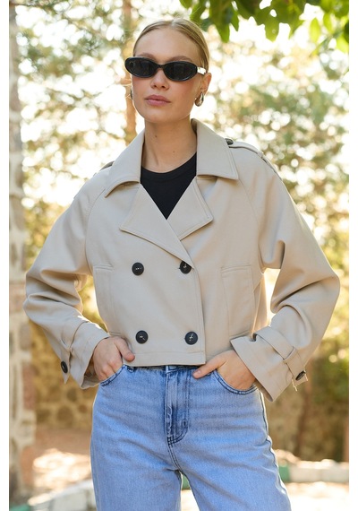 Fullamoda Kruvaze Yaka Çift Cepli Crop Trençkot Taş