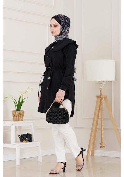 Sevitli Beli Bağcık Detaylı Geniş Yaka Tunik-siyah-4988 Siyah