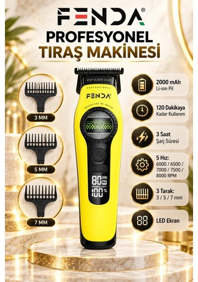 Fenda Profesyonel Saç, Ense Ve Sakal Tıraş Makinesi Seti Sarı Fndsacksset0020