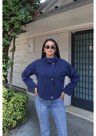 Kechi Woman Gabardin Kumaş Dik Yaka Çıtçıtlı Ceket Lacivert