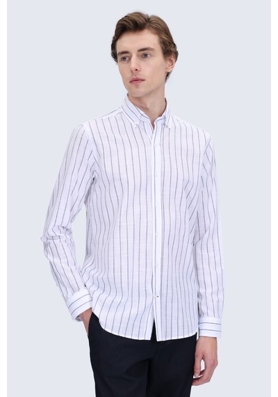 Hatemoğlu Lacivert Comfort Fit Çizgili Düğmeli Yaka 100% Pamuk Uzun Kollu Casual Gömlek