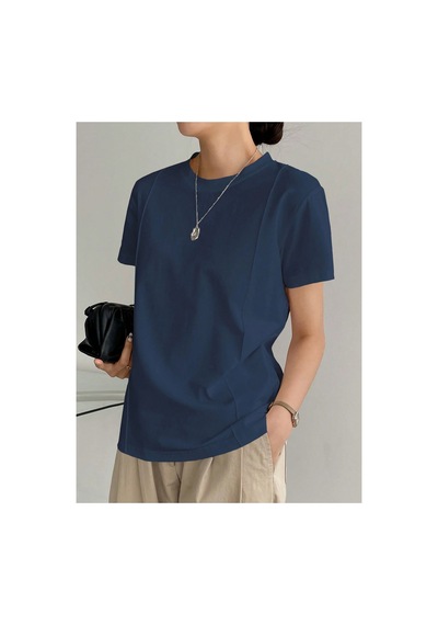 Cool Tarz Kadın Basic Ön Çizgi Detaylı Bisiklet Yaka Tişört Rahat Kalıp Günlük T-shirt Lacivert Lacivert