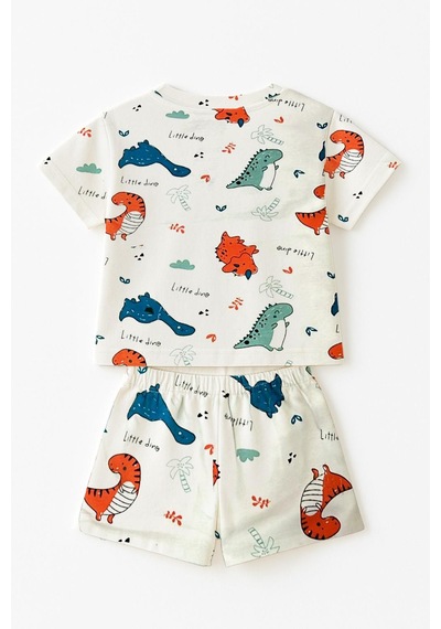 Luess Erkek Çocuk %100 Pamuk Renkli Dinazor Şortlu Pijama Takımı 3-4 Yaş 8-9 Yaş Beyaz