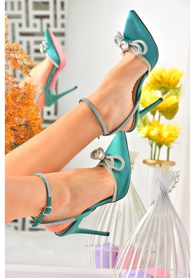 Fox Shoes Yeşil Saten Kumaş Taşlı Kadın Topuklu Ayakkabı K6540512