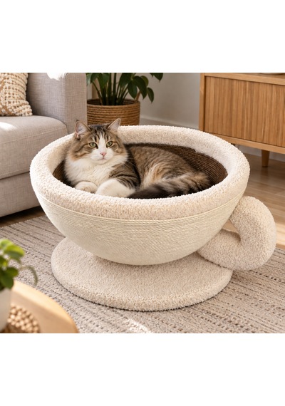 Pureza Kahve Fincanı Tasarımlı Kedi Yatağı & Sisal Tırmalama Yüzeyli Dekoratif Peluş Kedi Evi