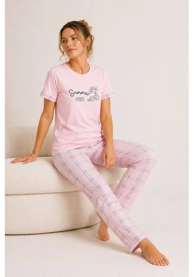 Modi Pamuklu Penye Summer Baskılı Kısa Kollu Pijama Takımı Ekose Desenli - Pembe