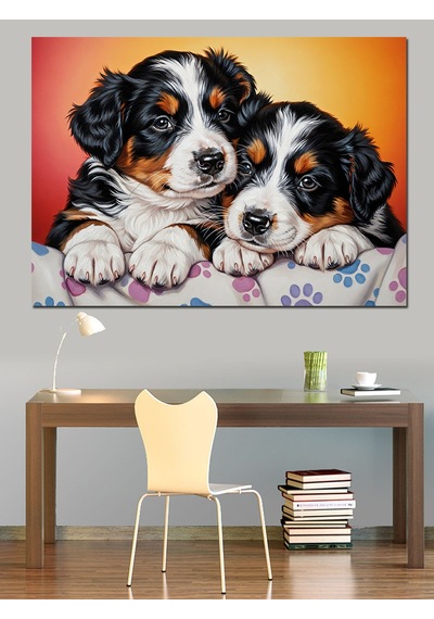Ahşap Tablo Uyuyan İki Küçük Köpek Yavrusu İnsan Figürlü Tablolar