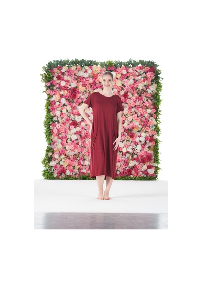 Gd Goldoremi 25234 Kadın Yuvarlak Yaka Bol Cepli Kısa Kollu Elbise Bordo