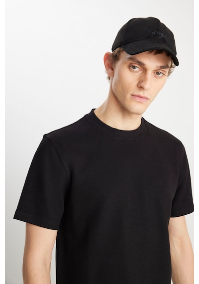 Relaxed Fit Geniş Kesim Bisiklet Yaka Siyah Dokulu Basic Tişört Siyah