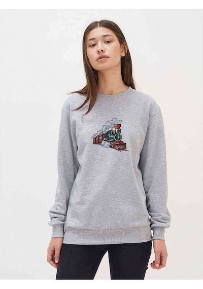 Watercolor Train Baskılı Gri Kadın Sweatshirt