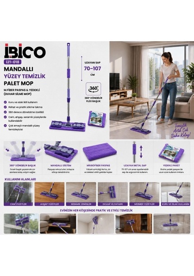 Mandallı Yüzey Temizlik Palet Mop M.fiber Paspas - Yedekli Duvar Silme Mop Metal Uzayan Sap 70-107cm Diğer