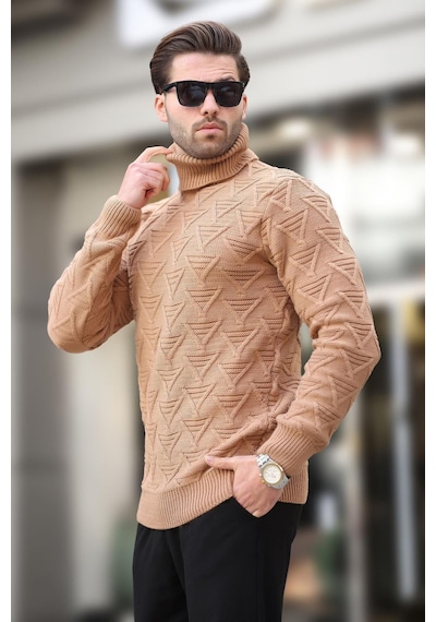 Madmext Camel Balıkçı Yaka Desenli Erkek Kazak E7292 Camel