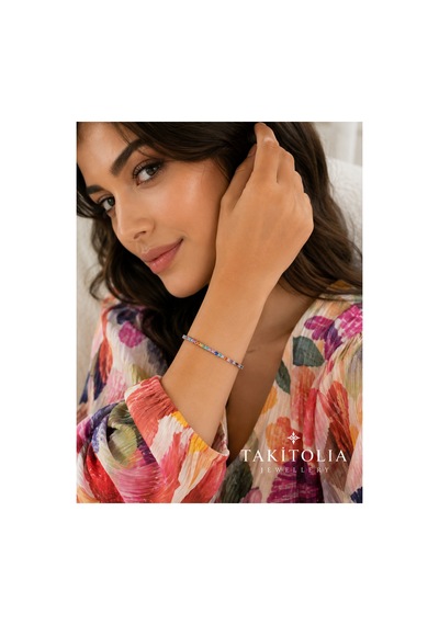 Color Gümüş Çerçeveli Rainbow Renkli Zirkon Taş Detaylı Silver Lastikli Bileklik Çok Renkli