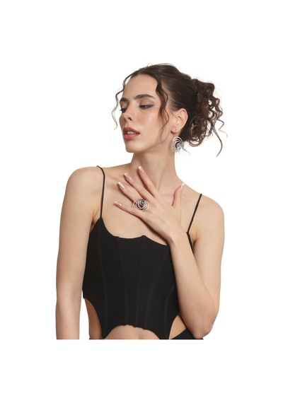 Kadın Antik Gümüş Kaplama Sallantılı Model Gül Formlu Küpe &yüzük Set Gümüş