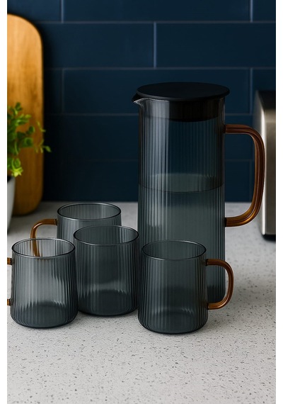 Borosilikat Cam Gold Saplı Sürahi 1300 Ml 4 Bardaklı