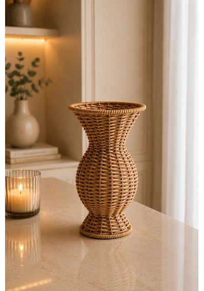 Qerhome Rattan Hasır Dekoratif Vazo - Dekoratif Obje Mln-11429 Ahsap