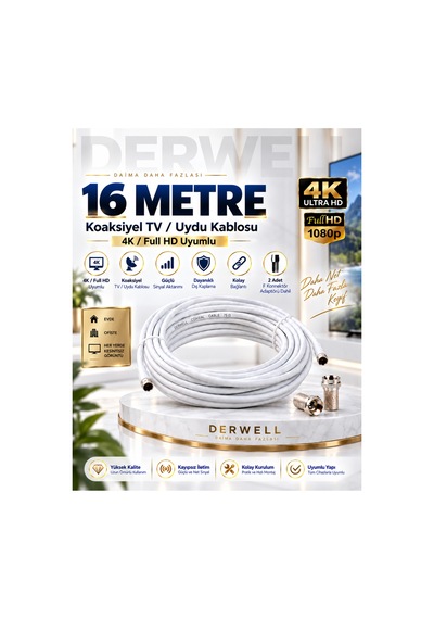 16 Metre 4k Full Hd Koaksiyel Tv Uydu Anten Kablosu Seti - Güçlü Sinyal Aktarımlı Dayanıklı Televizyon Kablosu - Lnb Alıcı Uyumlu Yüksek Kalite Beyaz
