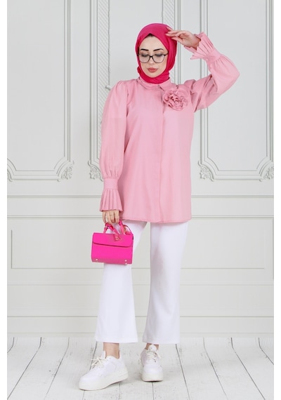 Sevitli Gül Broşlu Kolu Fırfırlı Tunik-pembe-3610-pembe Pembe