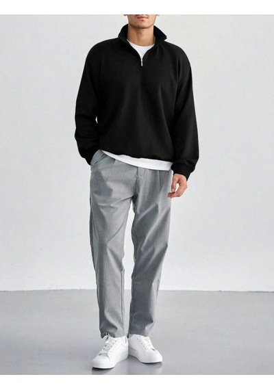 Harmandar Siyah Erkek Baskısız Dik Yaka Yarım Fermuarlı Düz Kazak Sweatshirt Siyah