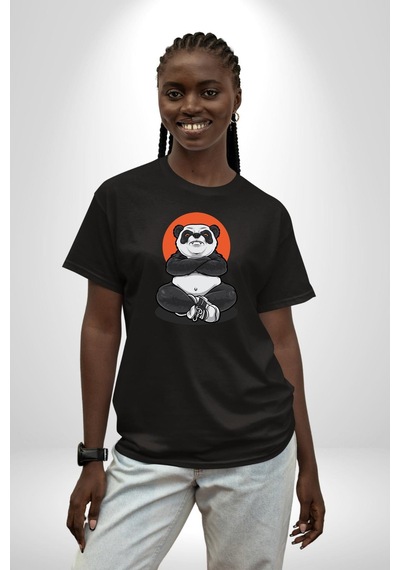 Yoga Panda Pamuklu Bisiklet Yaka Unisex Oversize Boyfriend Dijital Baskılı Siyah T-shirt Siyah