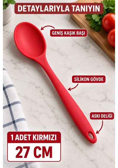 Tekli Kırmızı Büyük Boy Silikon Kaşık 27 Cm Mutfak Yemek Pişirme Ve Servis Kaşığı Evde Kullanım İçin