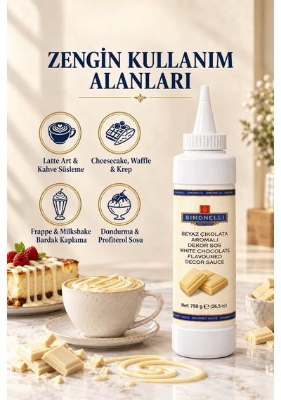 Simonelli Beyaz Çikolata Aromalı Kahve ve Tatlı Dekor Sosu Sıkılabilir Şişe 750 G
