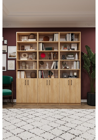 Asra Trend K-51 %100 MDF 180 cm 3 Modüllü Kapaklı Kitaplık Raflı Kütüphane Safir Meşe