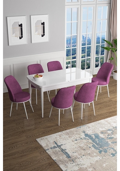 Canisa Concept Han Serisi 70x114 Açılabilir Mdf Mutfak Masası Takımı Beyaz Masa 6 Mor Sandalye Masa Beyaz Sandalyeler Mor