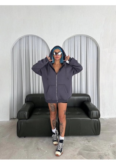 Kadın Oversize Tam Fermuarlı Uzun Kol Hırka - Füme Çok Renkli