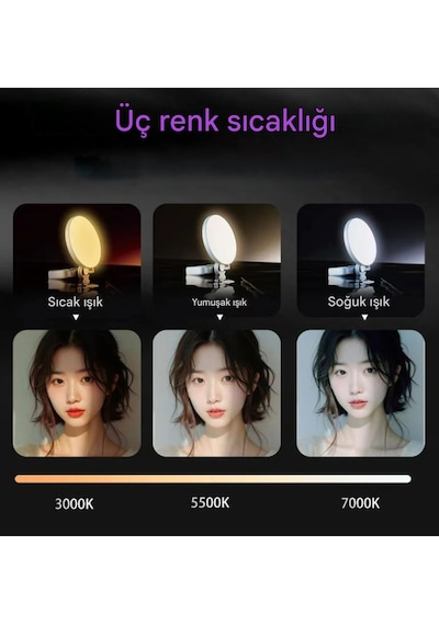 Şarjlı Aynalı Selfie Video Kamera Işık Tripod Uyumlu Dimmer 3 Renk Çekim Işığı Telefon Kamera Uyumlu