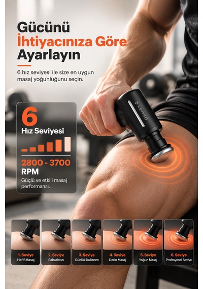Masaj Tabancası Sıcak & Soğuk 6 Kademeli 6 Başlıklı Şarjlı Masaj Seti Siyah