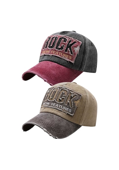 Tezzgelsin Unisex Eskitme Rock Nakışlı Ayarlanabilir Beyzbol Kep Şapka 2'li Set Siyah - Camel