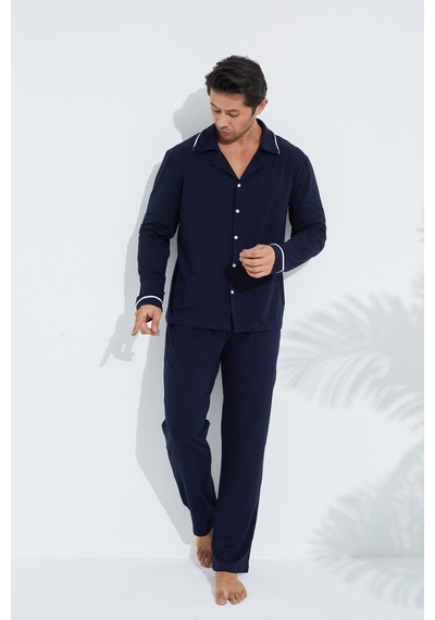 Siyah İnci Erkek Pamuklu Gömlek Yaka Düğmeli Biyeli Pijama Takım Lacivert