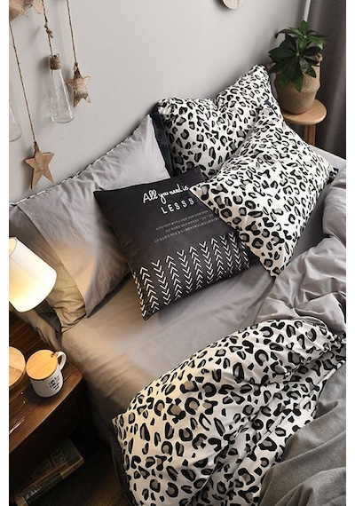 İqon Leopar Premium Cotton 64S Lastikli Çarşaflı Çift Kişilik Nevresim Takımı Siyah