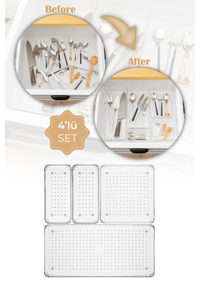 Vienev 4lü Şeffaf Çekmece Içi Düzenleyici Organizer 1x B.dkdrtgn, B.kare 2x K.dkdrtgn