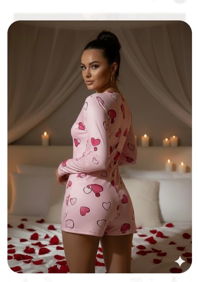 Trend Dokunuş Kadın Pamuklu Kalp Desenli Düğmeli Uzun Kollu Romantik Şortlu Gecelik Tulum Pembe Trend Dokunuş Kadın Pamuklu Kalp Desenli Düğmeli Uzun Kollu Romantik Şortlu Gecelik Tulum Pembe