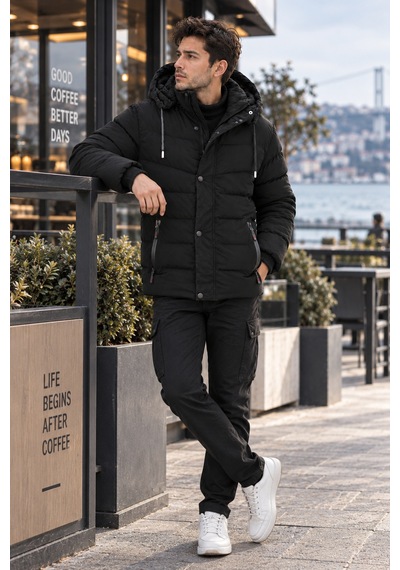 Luxic Core Luxıc Core Erkek Kapüşonlu Şişme Mont İçi Polarlı Kalın Kışlık Su İtici Günlük Mont Siyah