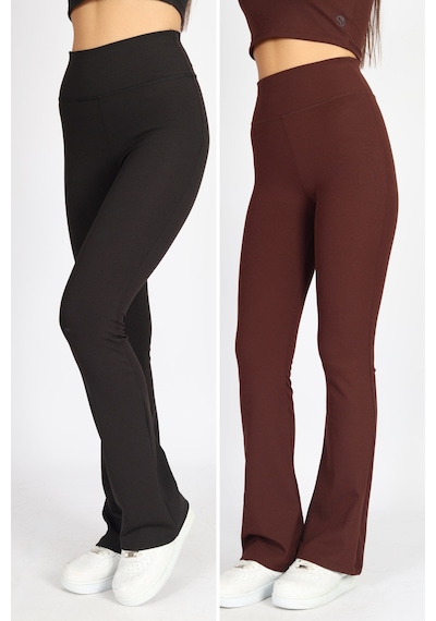 Soft&Basic Kadın 2'li Kaşkorse Raporlu Toparlayıcı İspanyol Paça Tayt Pantalon Siyah-kahverengi