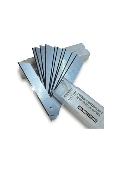 Maket Bıçağı Yedek Ağzı, Karbon Çelik, 18mm Genişlik, 0.5mm Kalınlık, 3 Aşamalı Bilenmiş Kenar, 10'lu Paket