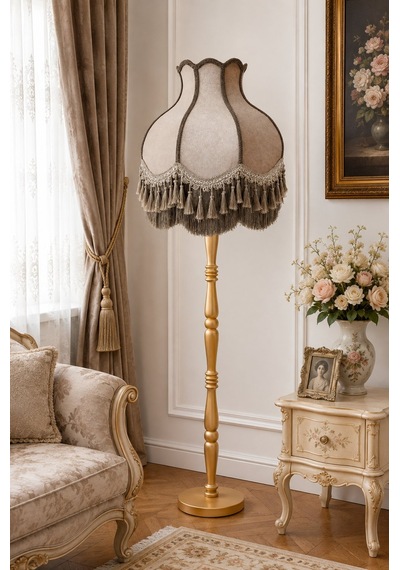 Vizon Kadife Başlık Gold Ahşap Ayaklı Lambader Vintage Model 170x50cm