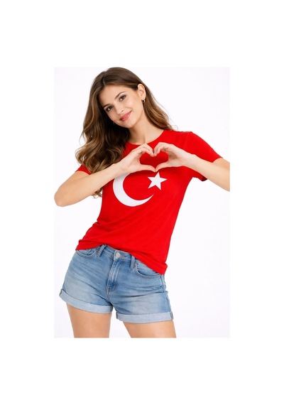Kadın T-shirt Kısa Kol Bisiklet Yaka Ay Yıldız Bayrak Baskılı Tişört - Kırmızı Kirmizi