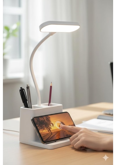 Usb Şarjlı Led Masa Lambası Kalemlikli Dokunmatik 3 Kademeli Işık Ayarı 360 Derece Dönebilen Gö Beyaz