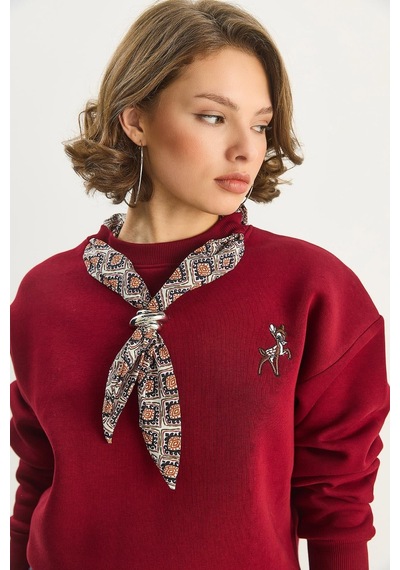 Shade Kadın Fular Detaylı Ceylan Nakışlı Üç İplik Şardonlu Oversize Sweatshirt 6916 60283615 - Bordo
