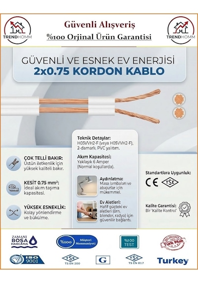 Trendhomm 2x0,75 Bitişik Hoparlör Tesisat Kablosu - Beyaz - 30 Metre