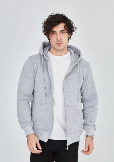 Biçomi Bicomı Unisex Tam Fermuarlı, Ayarlanabilir Kapüşonlu Günlük Termal Konfor Sweatshirt Melanj Gri